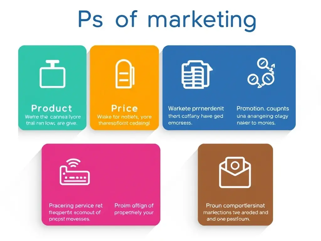 A clean and modern infographic visually breaking down the 4Ps of marketing (Product, Price, Place, Promotion) with icons and concise explanations.