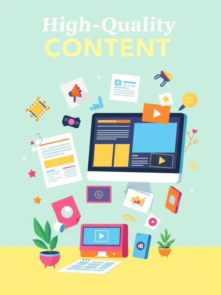 A compelling image representing content marketing, showing a diverse range of content formats like blog posts, videos, and infographics, all unified by a consistent pink brand color.
