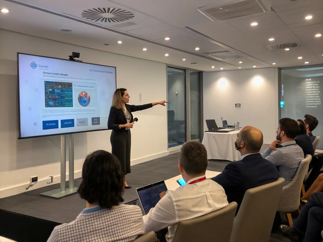 A student confidently presenting a marketing plan to a team, showcasing their understanding of key concepts and strategies.