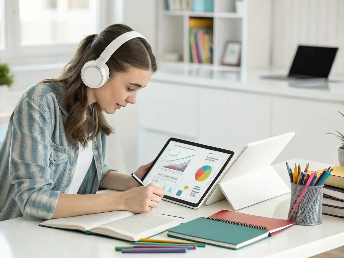 A student is happily studying a marketing guide on a tablet, surrounded by colorful notes and diagrams, symbolizing easy and effective learning.