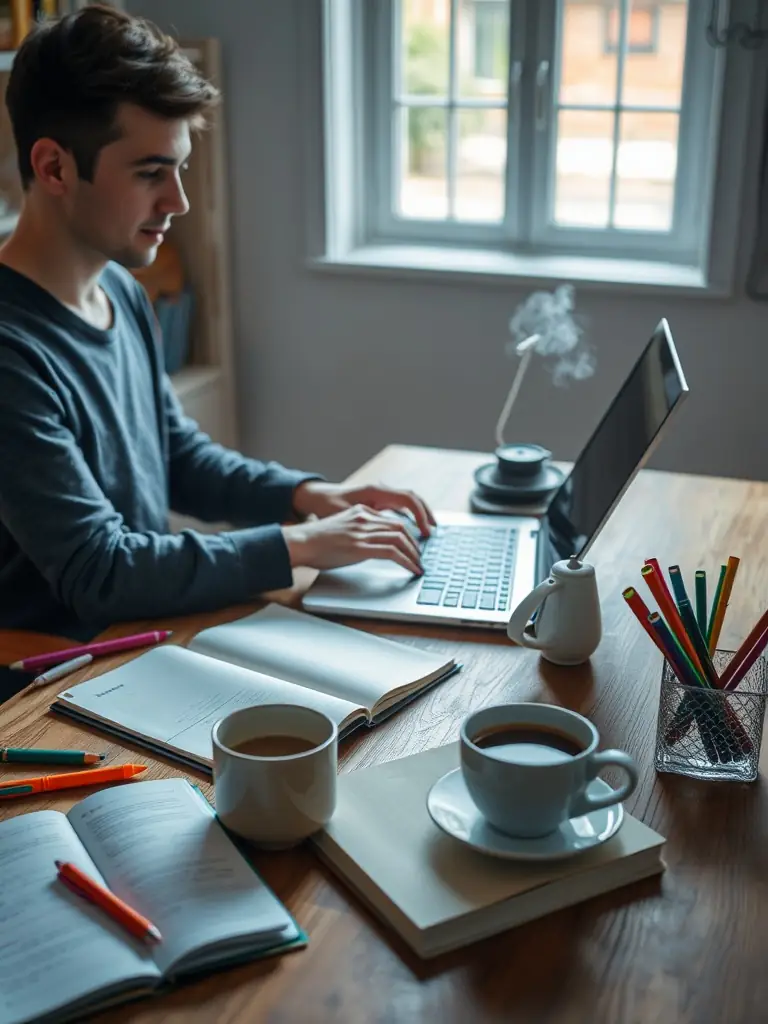 A creative image of a content writer crafting engaging blog posts and articles, surrounded by books and a cup of coffee, in a bright and inspiring workspace.