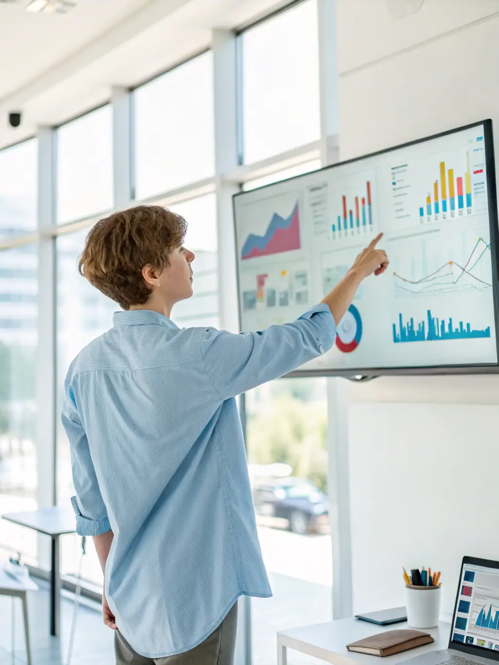 A focused image of a person analyzing data on a screen, highlighting key performance indicators (KPIs) and marketing metrics.