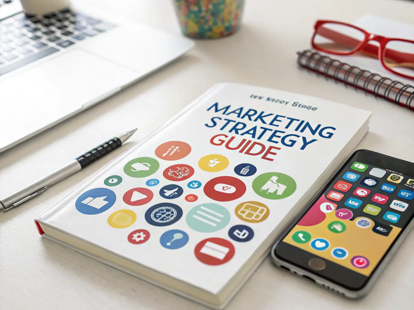 A visually appealing image showcasing a beginner's guide to marketing, with a focus on digital strategies and foundational concepts.