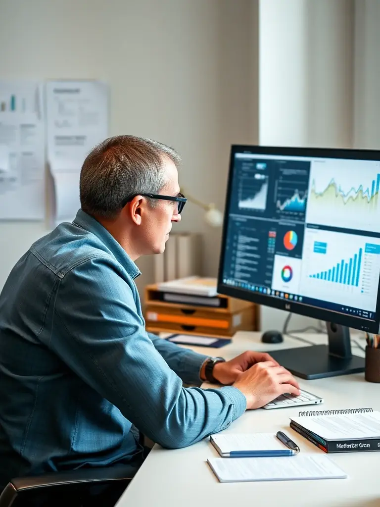 A professional photo of a search engine optimization specialist working on a laptop, analyzing website data and keyword rankings, in a modern office setting.
