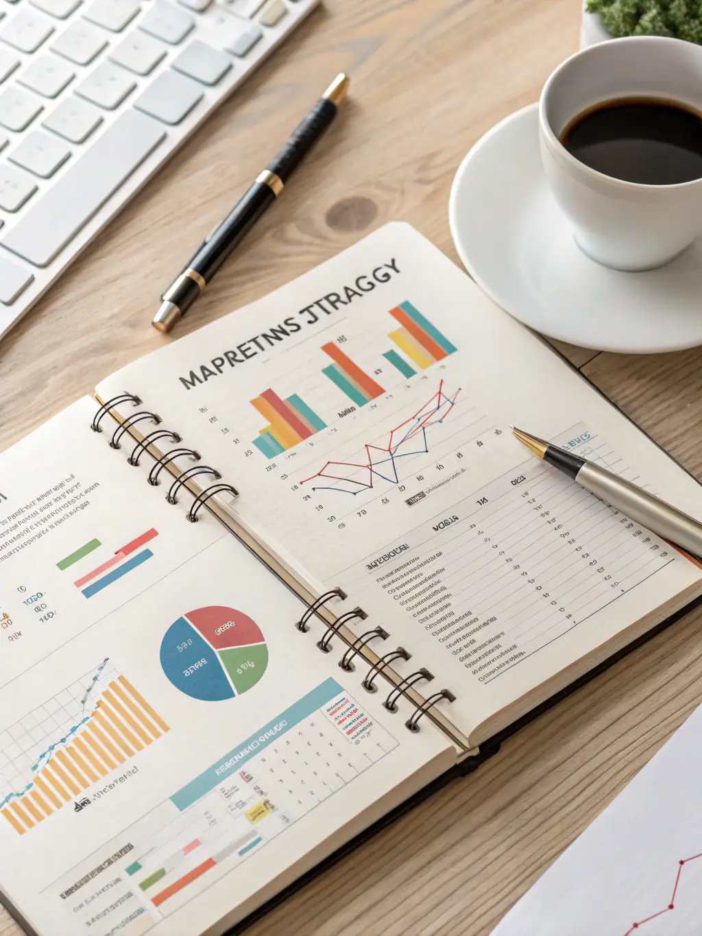 A hand pointing to a section of a marketing portfolio guide, highlighting successful campaign metrics and ROI improvements for a client.