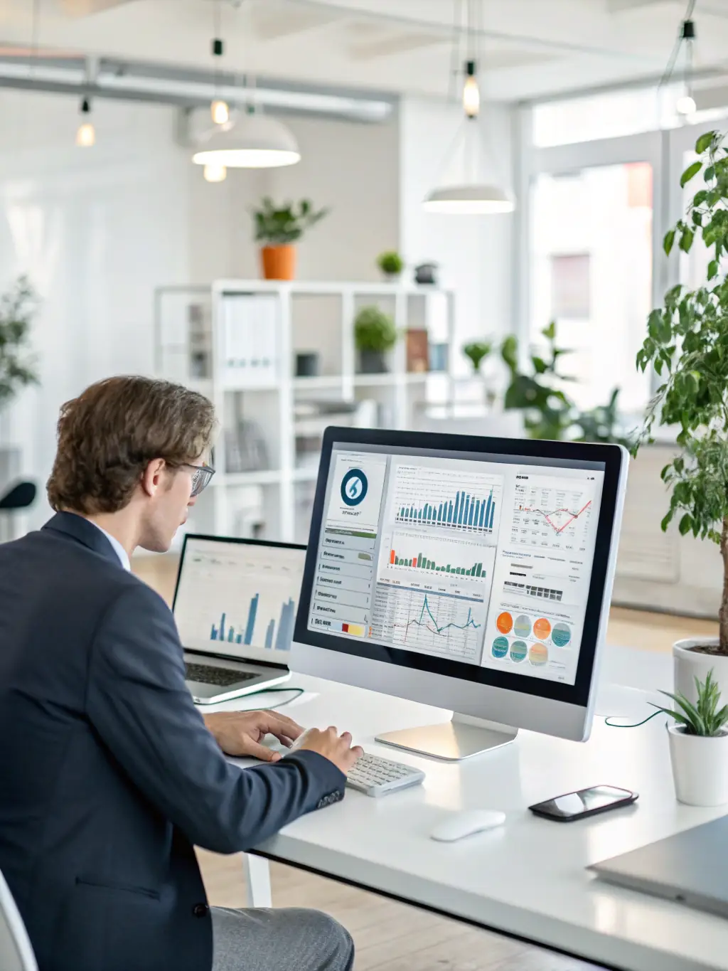 A professional-looking image representing a digital marketing course, featuring a laptop displaying marketing analytics and charts, set in a modern office environment.