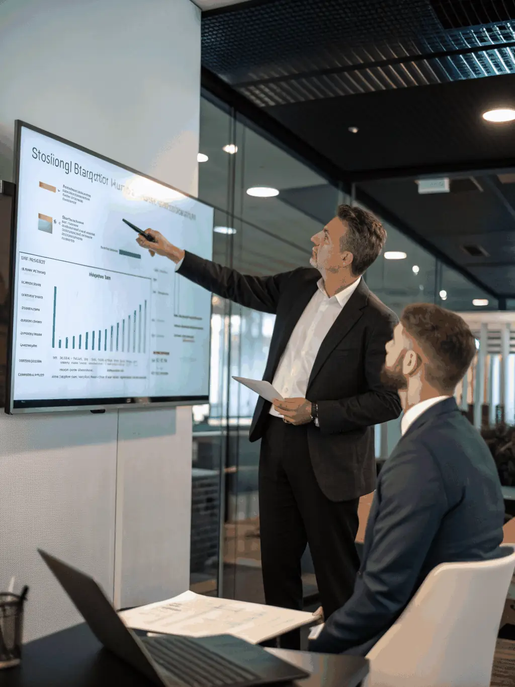 An image representing marketing strategy consulting, showing a consultant presenting a marketing plan to a client in a modern office setting.