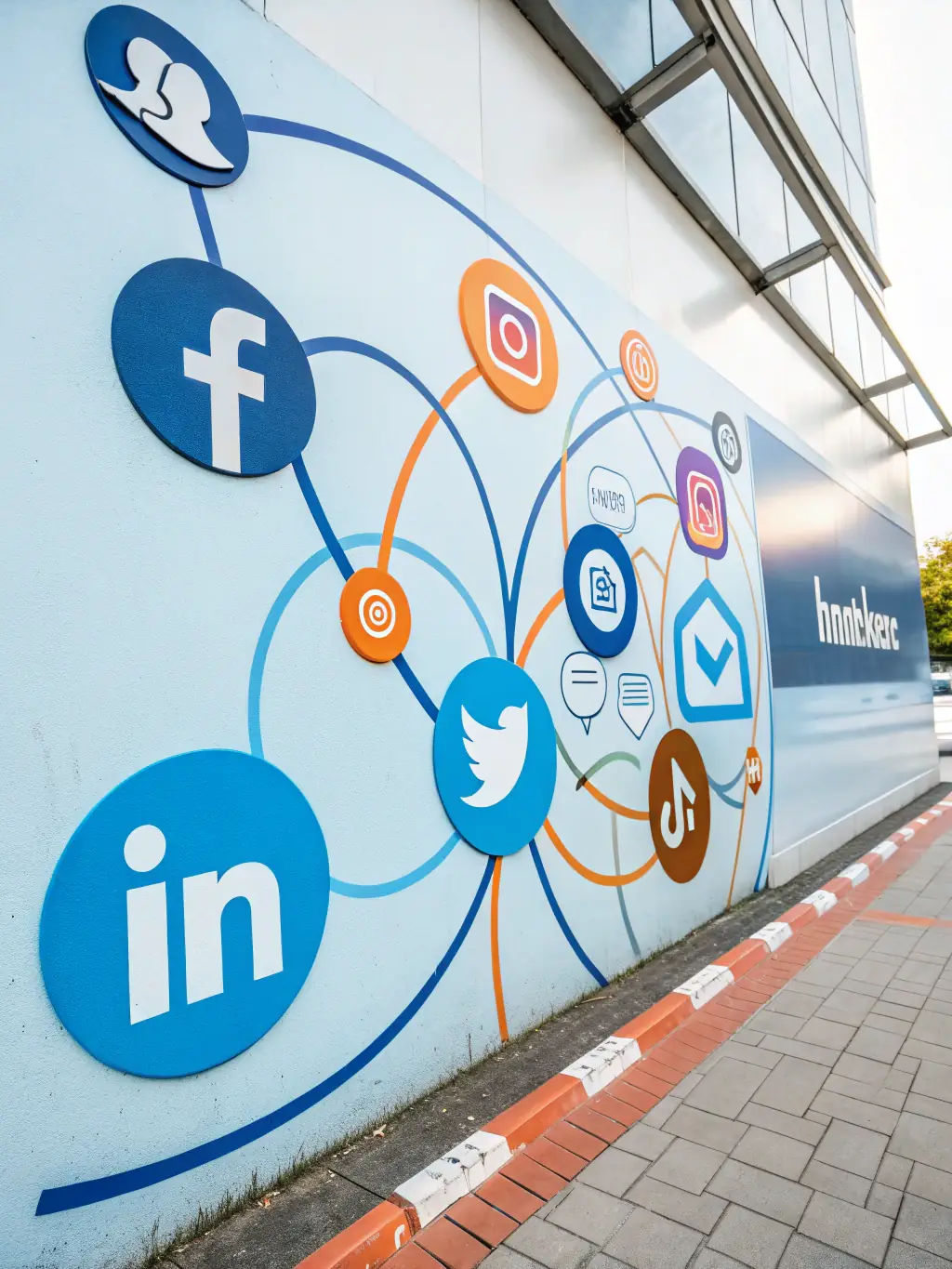 A dynamic graphic of various social media icons connected by lines, representing the interconnectedness of social media platforms, on a vibrant blue background.
